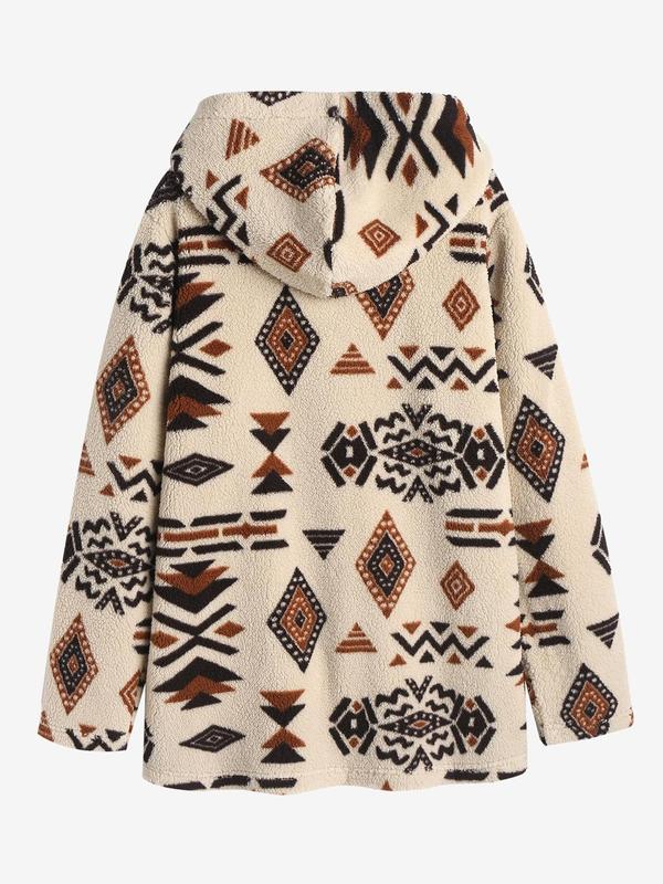 Women's Ethnic Pattern Drop Shoulder Button Front Hooded Coat, Casual Jackets, Long Sleeve Pocket Coat for Fall & Winter, for Daily Wear, Comfort Longsleeves, Coats for Women, Going Out Outfits 2024